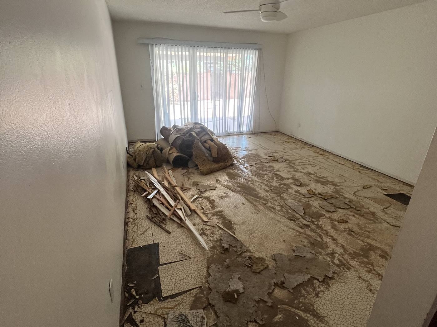 Living room stripped to the slab